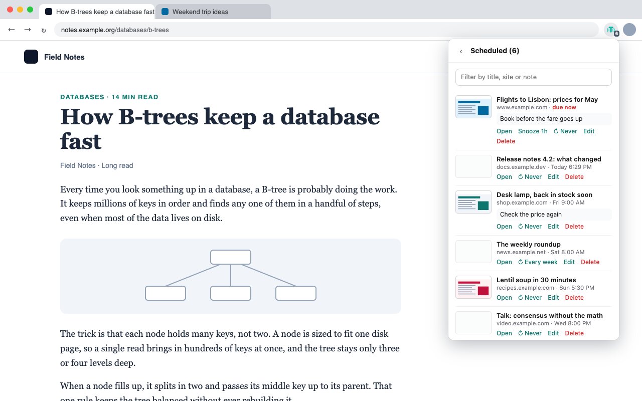 The full list of reminders with page screenshots, notes, and Open, Snooze and Delete
